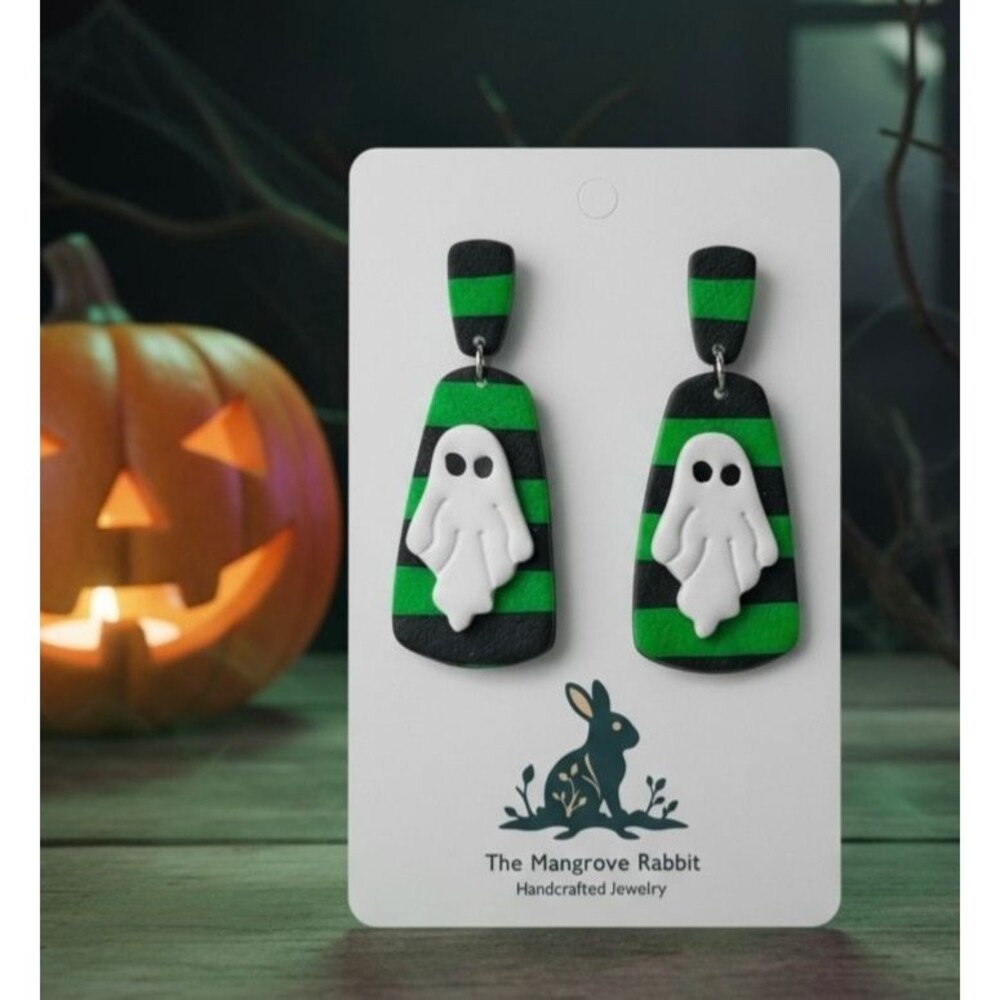 Ghost Green & Black Stripe Handmade Polymer Clay Dangle Halloween Earrings SS